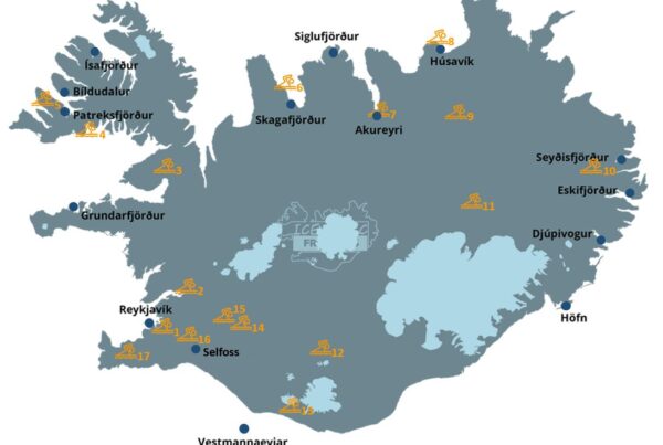 Carte de localisation des principales sources d'eau chaude en Islande.