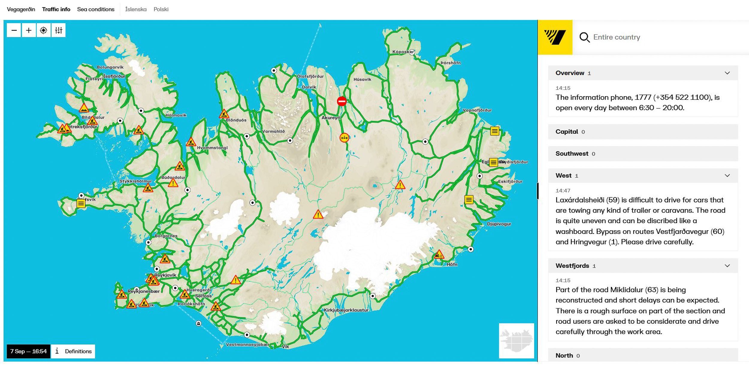 Carte des conditions de route et de météo de l'Islande