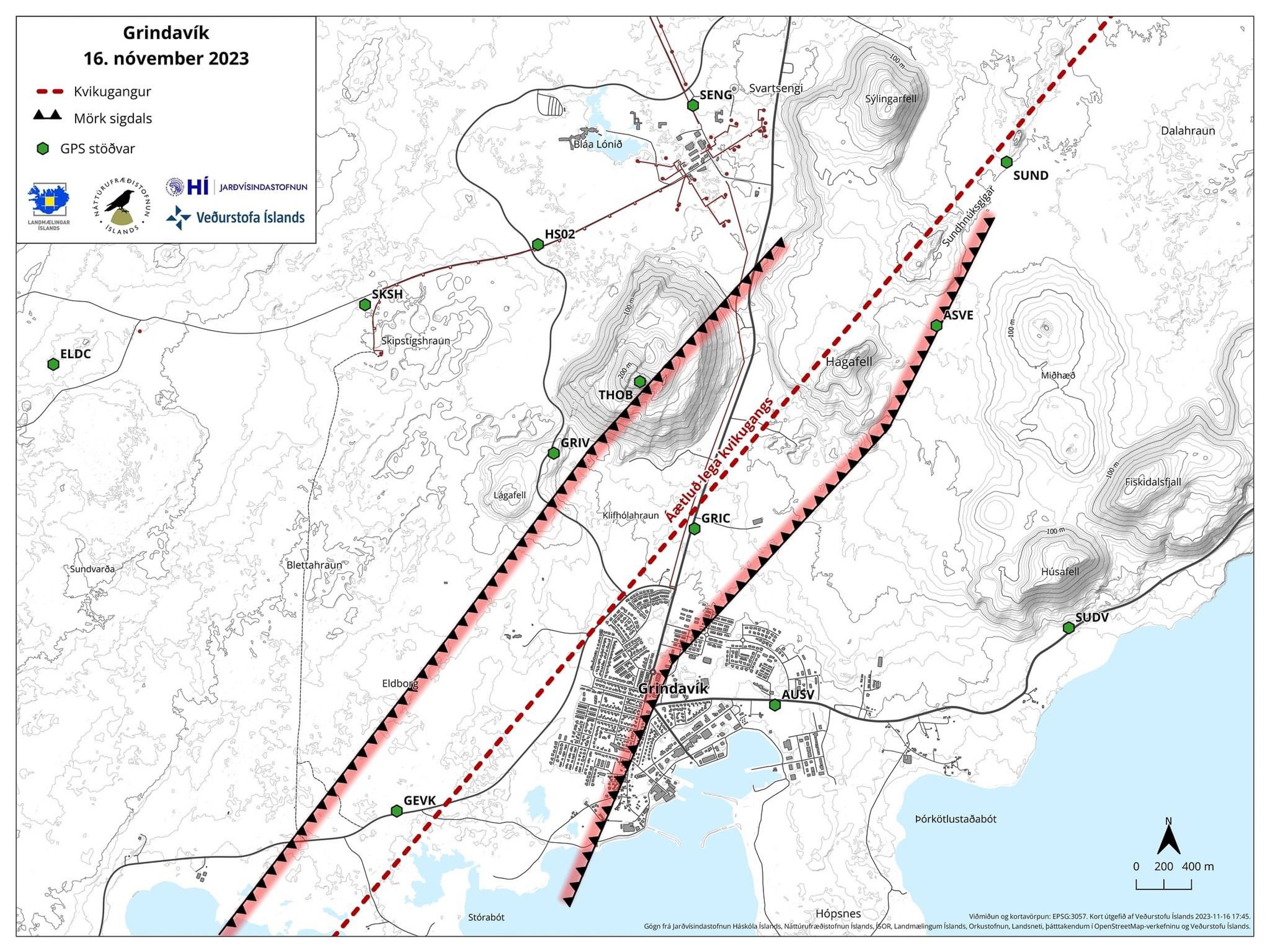 Étendue de l'affaissement dû à l'intrusion magmatique autour de Grindavík - l'affaissement aurait été mesuré à 25 cm le 17 novembre 2023, une semaine après les événements