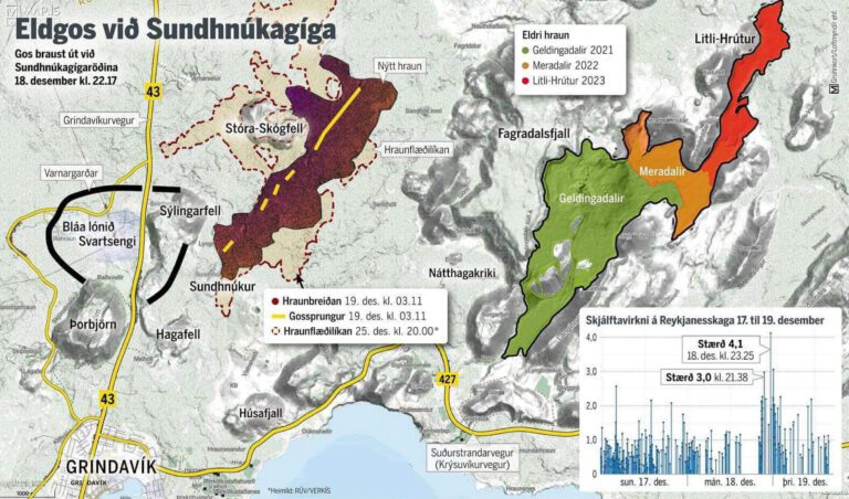 Carte comparative de la superficie des coulées de lave de 2021, 2022, juillet 2023 et décembre 2023.