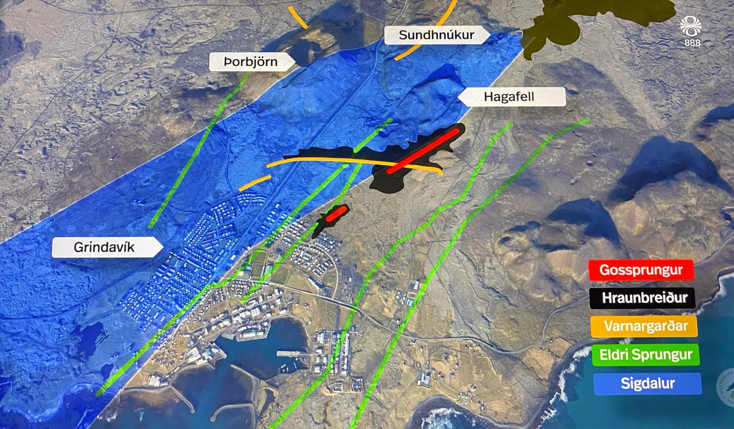 Localisation des fissures éruptives de l'éruption de Hagafell - Grindavík. Crédit photo : RÚV.