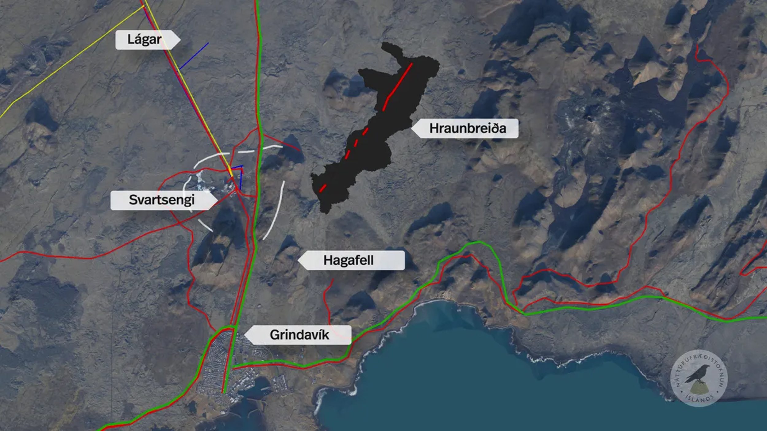 Carte présentant la coulée de lave de Sunhnúkagígaröðin et les infrastructures de la zone. Crédit photo : RÚV.