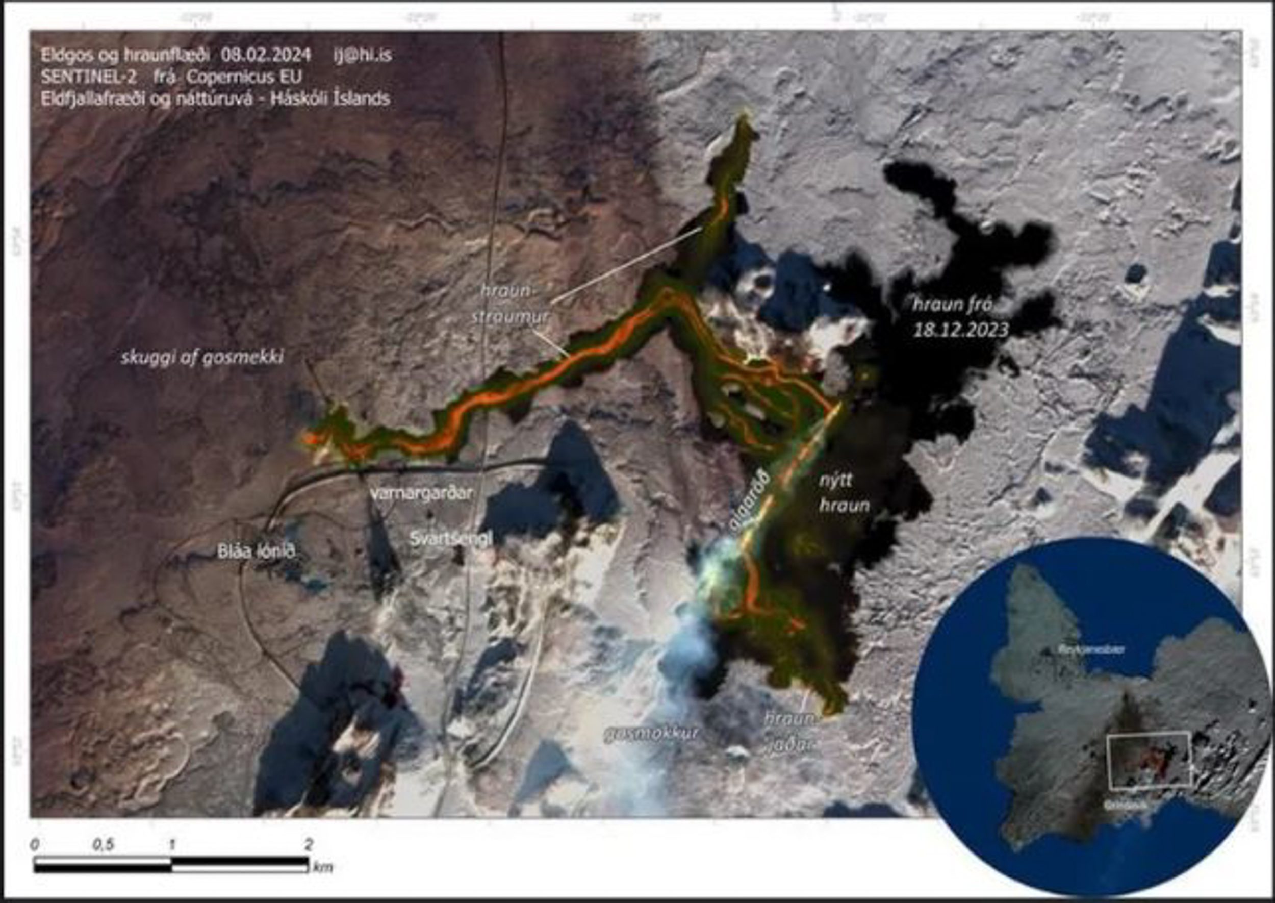 Évolution de la coulée de lave de l'éruption de Sýlingarfell. Crédit : Háskoli Íslands
