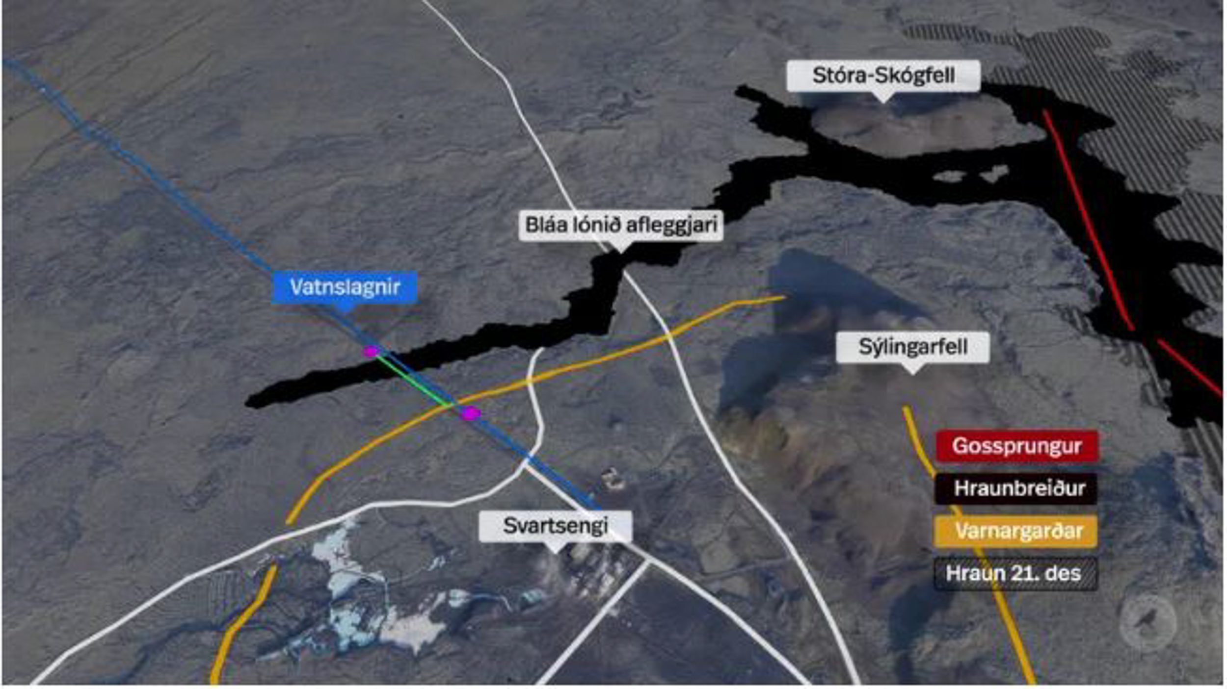 Localisation des infrastructures et de la coulée de lave - Éruption de Sýlingarfell. Crédit : Náttúrustofa Íslands.