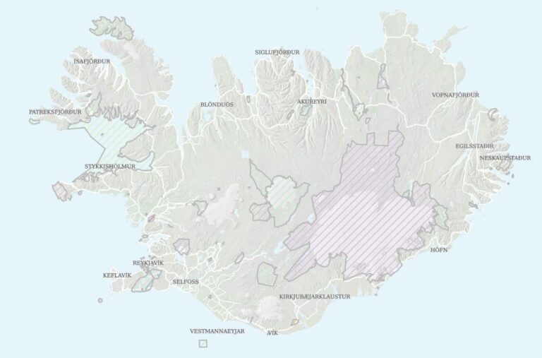 Faire voler son drone en Islande. Carte de localisation des espaces protégées en Islande. Source : vefsja.is.
