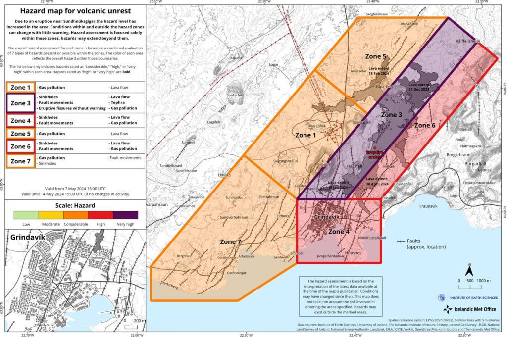 Carte d’évaluation des risques mise à jour au 7 mai à 15:00 (valide jusqu’au 14 mai). Source : Veðurstofa Íslands.