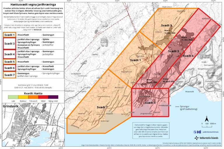 Carte d’évaluation des risques mise à jour au 18 mai à 17:00 (valide jusqu’au 21 mai). Source : Veðurstofa Íslands.