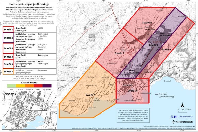 Carte d’évaluation des risques mise à jour au 29 mai à 16:00 (valide jusqu’au 31 mai). Source : Veðurstofa Íslands.