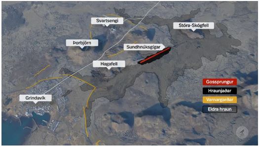 Localisation de la fissure éruptive, des digues de défense ainsi que des des coulées de lave. Crédit : RÚV Fréttir.