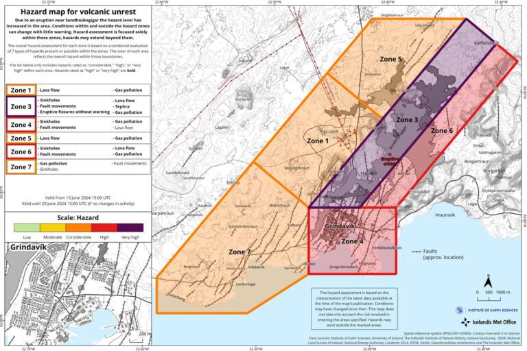 Carte d’évaluation des risques mise à jour au 13 juin à 15:00 (valide jusqu’au 20 juin). Source : Veðurstofa Íslands.