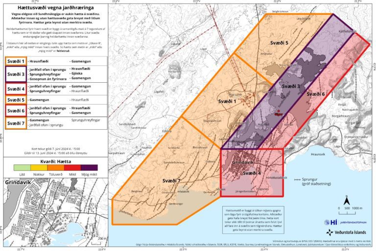 Carte d’évaluation des risques mise à jour au 7 juin à 15:00 (valide jusqu’au 13 juin). Source : Veðurstofa Íslands.