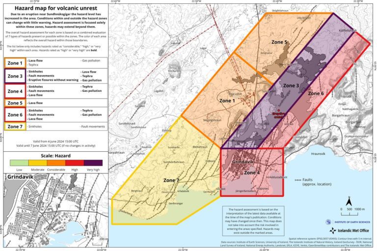 Carte d’évaluation des risques mise à jour au 4 juin à 15:00 (valide jusqu’au 7 juin). Source : Veðurstofa Íslands.