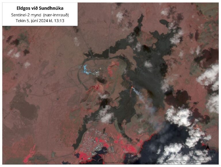 Les données collectées par les scientifiques lors d'un survol de drone au-dessus des centres d'éruption le 3 juin montrent que l’étendue du champ de lave est de 8,6 km2 et le volume totale est d'environ 36 millions de m3. Source : Veðurstofa Íslands.