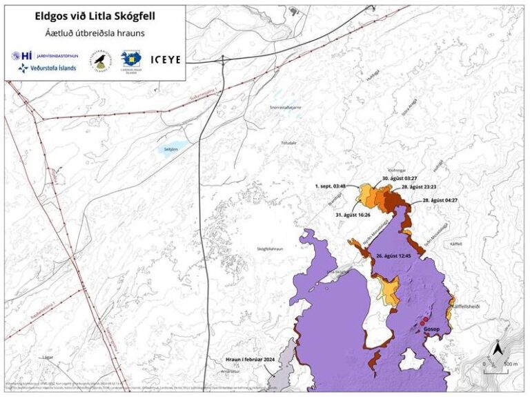 La carte ci-jointe basée sur les données du satellite Iceye montre l'évolution du champ de lave du 26 août au 1er septembre. Source : Veðurstofa Íslands.