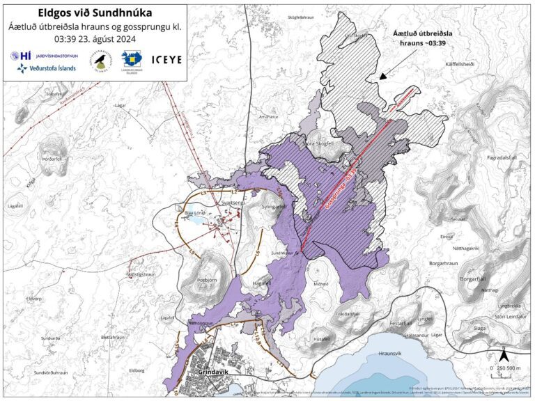 Une carte montrant l'étendue de la lave (zone en hachurés) produite lors de cette éruption et l'emplacement de la fissure (ligne rouge) telle qu'elle était à 03h39 cette nuit. Sont également indiqués les champs de lave qui se sont formés dans la zone depuis décembre 2023 (en violet). La carte est basée sur les données du satellite Ice EYE. Crédits :  Veðurstofa Íslands.