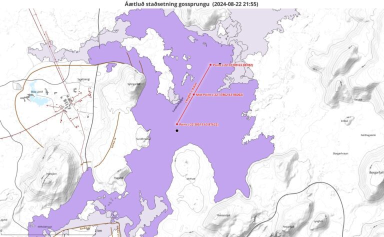 Étendue de la fissure éruptive au 22 août 2024 (publication du 22 août à 21:58 GMT). Source : Veðurstofa Íslands.