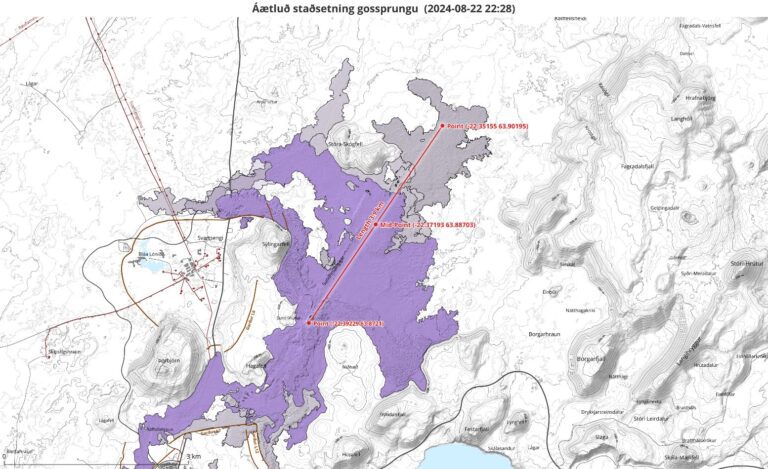 Étendue de la fissure éruptive au 22 août 2024 (publication du 22 août à 22:30 GMT). Source : Veðurstofa Íslands.