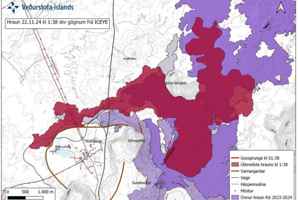 Carte présentant l'expansion du champ de lave au 22 novembre 2024. Crédit photo : Veðurstofa Íslands. - Volcanisme