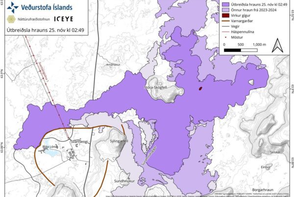 Carte présentant l'expansion du champ de lave au 26 novembre 2024. Crédit photo : Veðurstofa Íslands. - Volcanisme