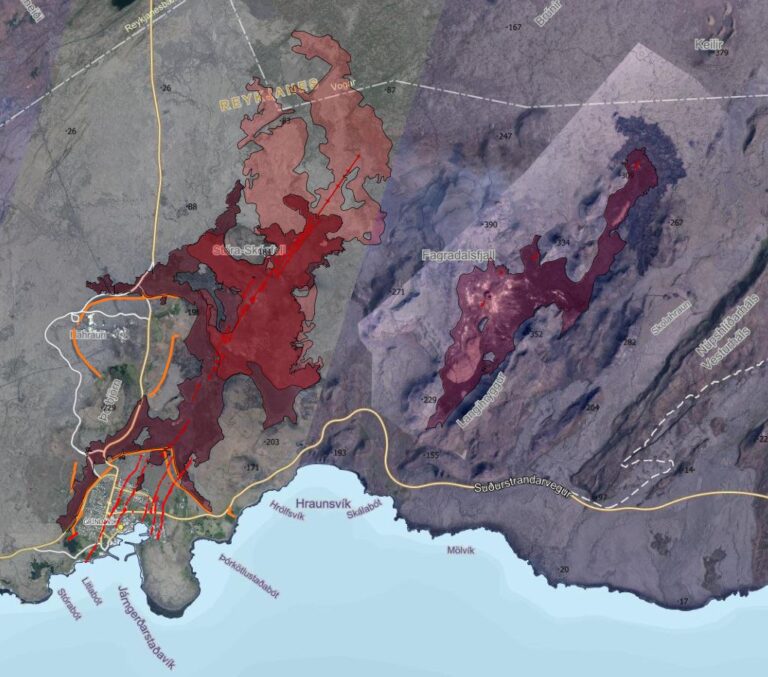 Étendue des différents champs de lave lors des éruptions de Fagradalsfjall (2021, 2022, 2023) et de Sundhnúkagígaröðin (déc 2023, jan, fév, mars, mai et août 2024). Source : map.is.