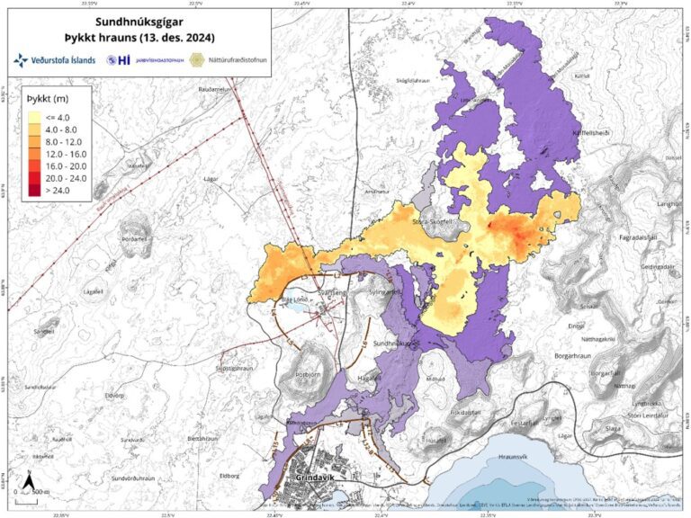 Carte présentant l'expansion du champ de lave au 13 décembre 2024. Crédit photo : Veðurstofa Íslands.