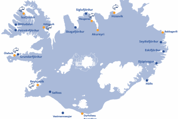 Carte de localisation des principaux sites où observer des baleines en Islande