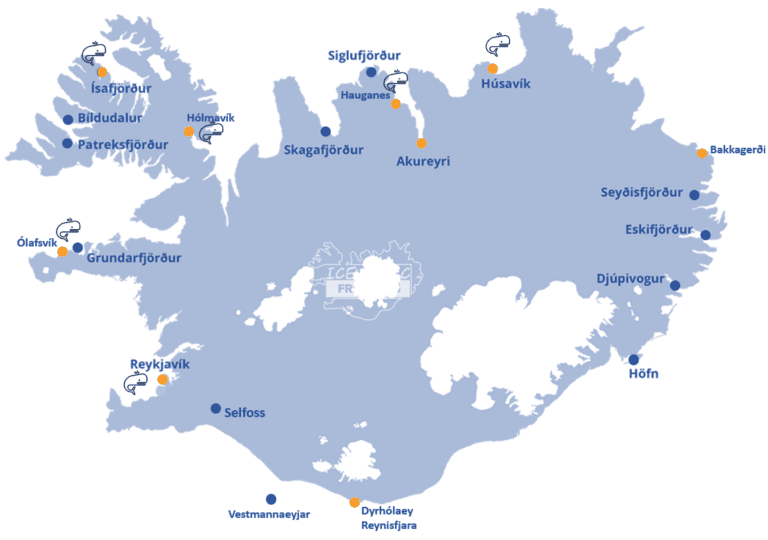 Carte de localisation des principaux sites où observer des baleines en Islande