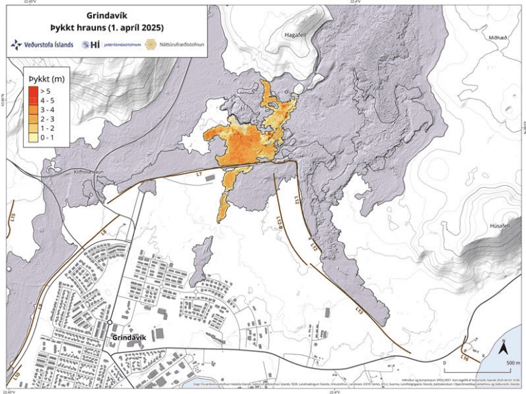 Carte présentant la coulée de lave qui s'est formée au cours des 6 heures de l'éruption avait une superficie d'environ 0,23 km2 et une épaisseur moyenne d'environ 1,7 m. Source : Veðurstofa Íslands.