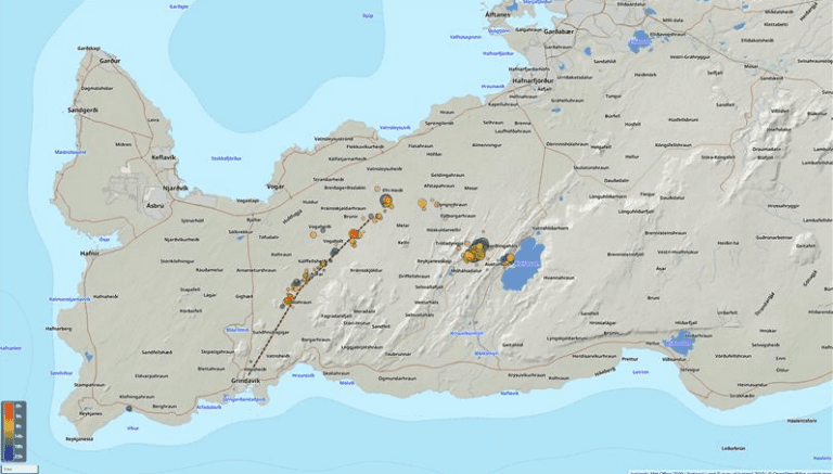 La carte montre l'emplacement de tous les tremblements de terre survenus sur la péninsule de Reykjanes au cours des dernières 24 heures. La carte montre également les premiers résultats de l'emplacement estimé de la chambre magmatique qui s'étend de Grindavík au sud jusqu'à la zone située à environ 3 km au nord-ouest de Keilir. Source : Veðurstofa Íslands.
