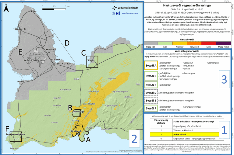 Carte d'évaluation des risques publiée par l'Office météorologique islandais dans sa nouvelle version, incluant l'ensemble de la péninsule de Reykjanes. Source : Veðurstofa Íslands.