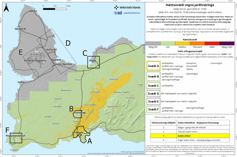 Carte d'évaluation des risques publiée par l'Office météorologique islandais dans sa nouvelle version, incluant l'ensemble de la péninsule de Reykjanes. Source : Veðurstofa Íslands.